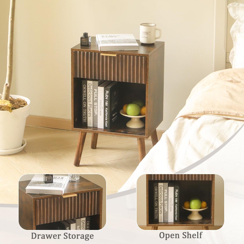 Fultyle Mid Century Modern Nightstand, Wood Bedside Table with Drawer and Opening Storage, End Table Living Room Fluted Night Stand with Solid Wood Legs for Bedroom (Rustic Brown) - Image 5