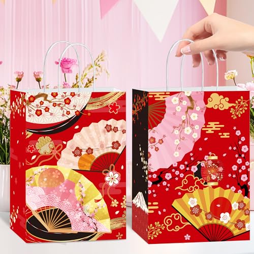 EoBeCy 16 Pcs Japanese Party Favor Bags, Traditional Japanese Cherry Blossom Folding Fans Goodie Treat Candy Gift Bags with Handles for Birthday Hibachi Party Decorations Supplies - Image 2