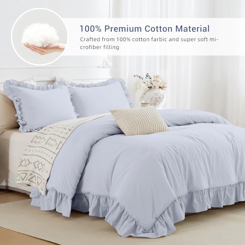 CozyTide Cotton King Comforter Set,Farmhouse Cornflower Blue Shabby Ruffle Bedding Comforter Lightweight Ultra Soft Vintage Ruffled Rustic Bedding for All Season - Image 3