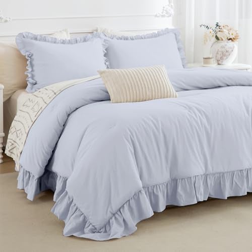 CozyTide Cotton King Comforter Set,Farmhouse Cornflower Blue Shabby Ruffle Bedding Comforter Lightweight Ultra Soft Vintage Ruffled Rustic Bedding for All Season - Image 1