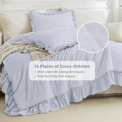 CozyTide Cotton King Comforter Set,Farmhouse Cornflower Blue Shabby Ruffle Bedding Comforter Lightweight Ultra Soft Vintage Ruffled Rustic Bedding for All Season - Image 5