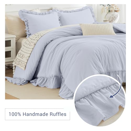 CozyTide Cotton King Comforter Set,Farmhouse Cornflower Blue Shabby Ruffle Bedding Comforter Lightweight Ultra Soft Vintage Ruffled Rustic Bedding for All Season - Image 2