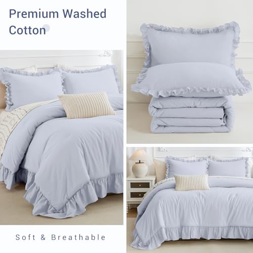 CozyTide Cotton King Comforter Set,Farmhouse Cornflower Blue Shabby Ruffle Bedding Comforter Lightweight Ultra Soft Vintage Ruffled Rustic Bedding for All Season - Image 4