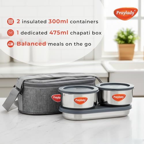 Praylady Lunch Mate Duo Plus | Insulated Lunch Box Set with 2 Stainless Steel 300ml Leak-Proof Containers & 1 Chapati Box (475ml) | Compact Lunch Carrier with Premium Bag | BPA-Free & Easy to Carry - Image 5
