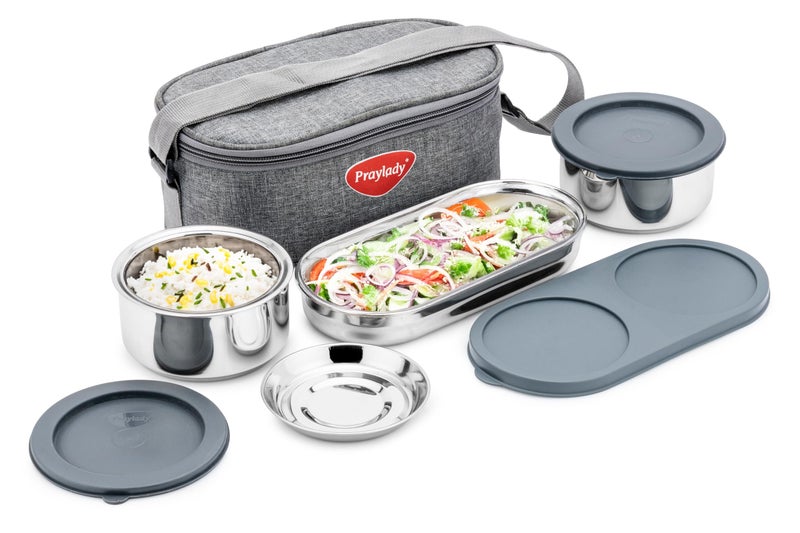 Praylady Lunch Mate Duo Plus | Insulated Lunch Box Set with 2 Stainless Steel 300ml Leak-Proof Containers & 1 Chapati Box (475ml) | Compact Lunch Carrier with Premium Bag | BPA-Free & Easy to Carry - Image 2