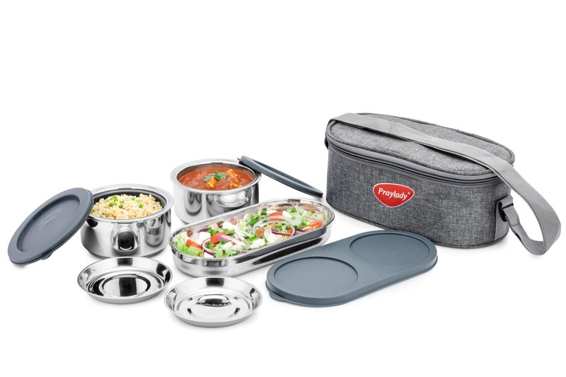 Praylady Lunch Mate Duo Plus | Insulated Lunch Box Set with 2 Stainless Steel 300ml Leak-Proof Containers & 1 Chapati Box (475ml) | Compact Lunch Carrier with Premium Bag | BPA-Free & Easy to Carry - Image 3