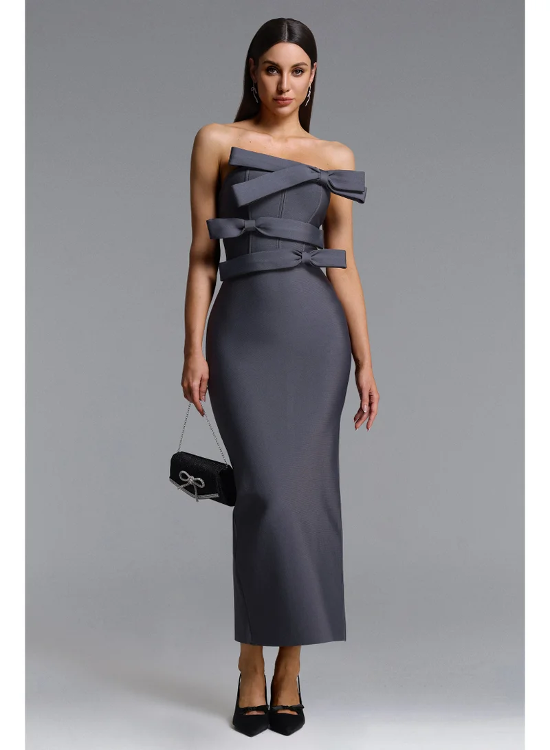 Yalia Chic Contour Strapless Bow Bandage Maxi Dress