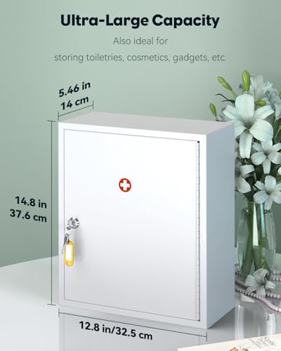 Uniclife Wall Mount Medicine Cabinet with Key Lock Locking First Aid Cabinet Lockable Medical Cabinet Large Capacity Medicine Organizer Secure Steel Wall Cabinet Metal Storage Box, White - Image 2