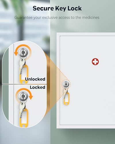 Uniclife Wall Mount Medicine Cabinet with Key Lock Locking First Aid Cabinet Lockable Medical Cabinet Large Capacity Medicine Organizer Secure Steel Wall Cabinet Metal Storage Box, White - Image 3