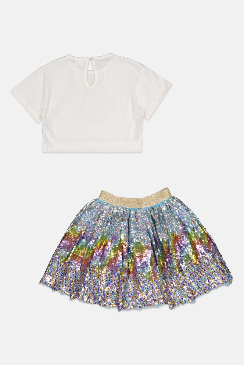MISS Kids Girl 2 Piece Embellished Short Sleeve  T-shirt And Skort, Multicolor - Image 2