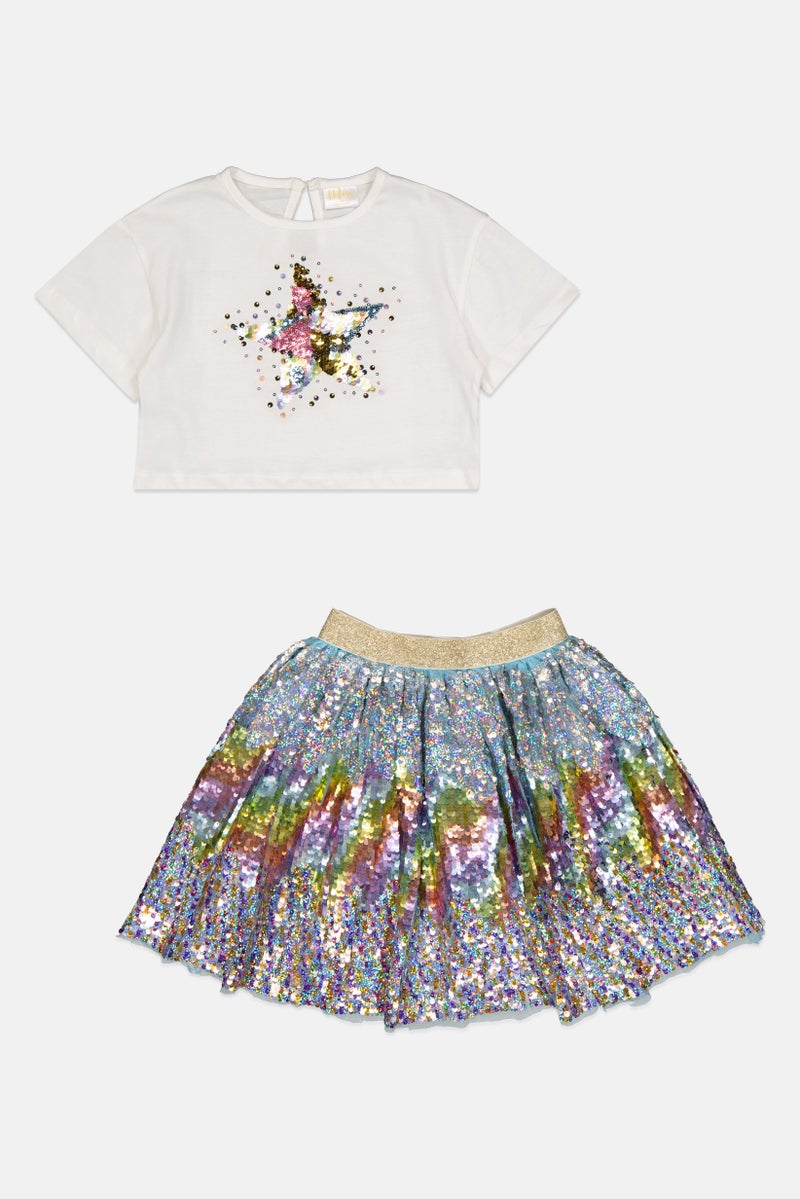 MISS Kids Girl 2 Piece Embellished Short Sleeve  T-shirt And Skort, Multicolor - Image 1