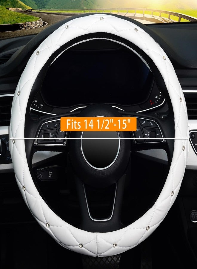 KAFEEK Diamond Soft Leather Steering Wheel Cover with Bling Bling Crystal Rhinestones, Universal 15 inch, Pure White - Image 2