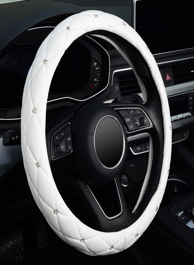 KAFEEK Diamond Soft Leather Steering Wheel Cover with Bling Bling Crystal Rhinestones, Universal 15 inch, Pure White - Image 1
