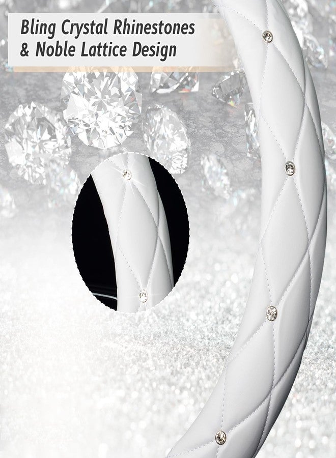 KAFEEK Diamond Soft Leather Steering Wheel Cover with Bling Bling Crystal Rhinestones, Universal 15 inch, Pure White - Image 4