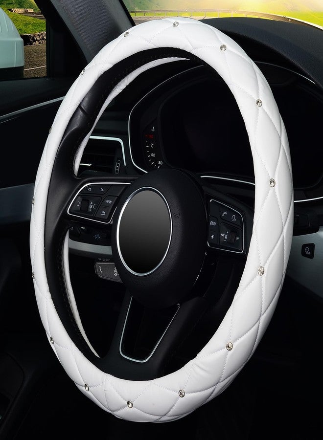 KAFEEK Diamond Soft Leather Steering Wheel Cover with Bling Bling Crystal Rhinestones, Universal 15 inch, Pure White - Image 3
