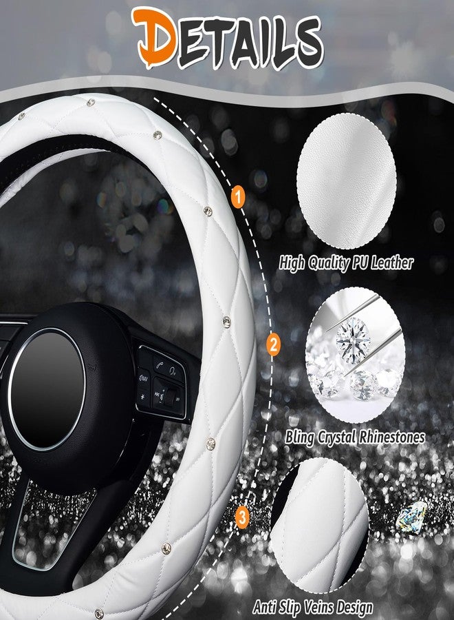 KAFEEK Diamond Soft Leather Steering Wheel Cover with Bling Bling Crystal Rhinestones, Universal 15 inch, Pure White - Image 5