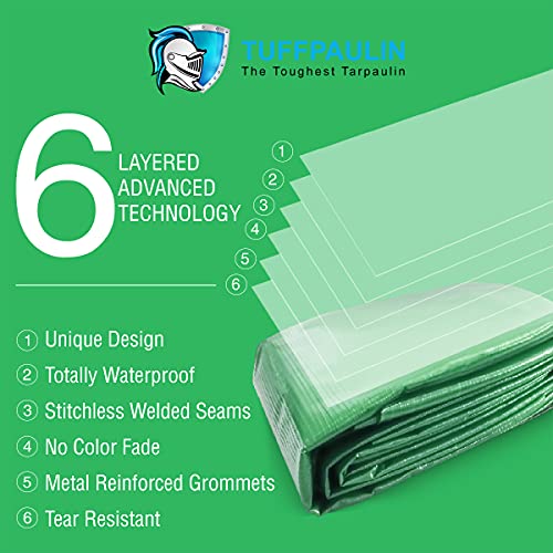 TUFFPAULIN 12FT X 10FT 120 GSM Green Tarpaulin Tirpal Tadpatri Tharpai Thadika, Extra Strong, Reinforced Eyelets, UV Resistant, 100% Waterproof Virgin, 6 Layer MLCL 3D Rib Technology-1 No. - Image 4