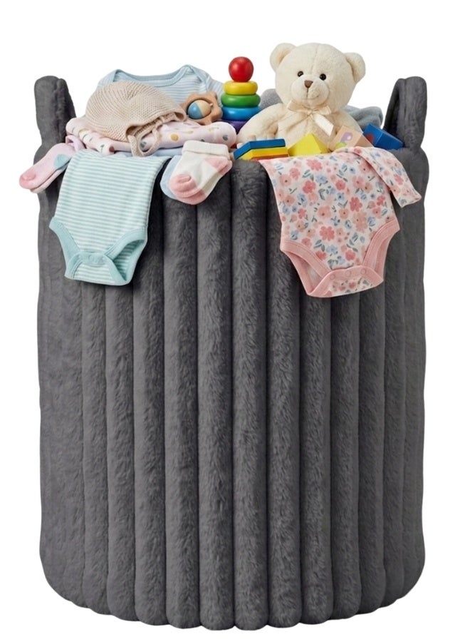Large Soft Plush Fabric Storage Basket with Side Handles 42 × 50 cm – Foldable Multi-Purpose Storage Organizer for Blankets, Clothes, Toys, Pillows, Towels & Laundry, Decorative Fabric Storage Bin for Bedroom, Nursery, Living Room & Closet, Lightweight Space Saving Home Organizer - Grey - Image 1