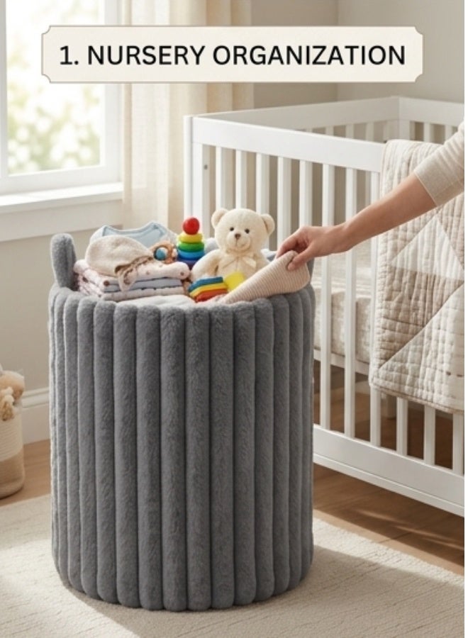 Large Soft Plush Fabric Storage Basket with Side Handles 42 × 50 cm – Foldable Multi-Purpose Storage Organizer for Blankets, Clothes, Toys, Pillows, Towels & Laundry, Decorative Fabric Storage Bin for Bedroom, Nursery, Living Room & Closet, Lightweight Space Saving Home Organizer - Grey - Image 4