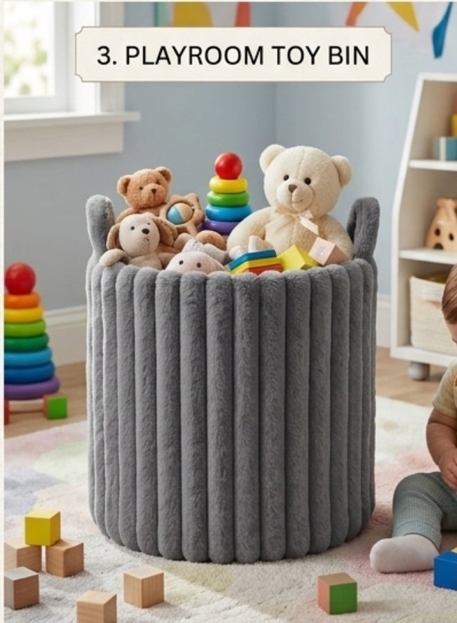 Large Soft Plush Fabric Storage Basket with Side Handles 42 × 50 cm – Foldable Multi-Purpose Storage Organizer for Blankets, Clothes, Toys, Pillows, Towels & Laundry, Decorative Fabric Storage Bin for Bedroom, Nursery, Living Room & Closet, Lightweight Space Saving Home Organizer - Grey - Image 3