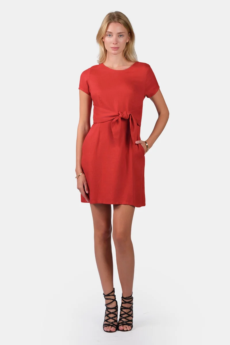 فيرجيو Solid Linen Mini Shift Dress With Front Tie-Up for Women