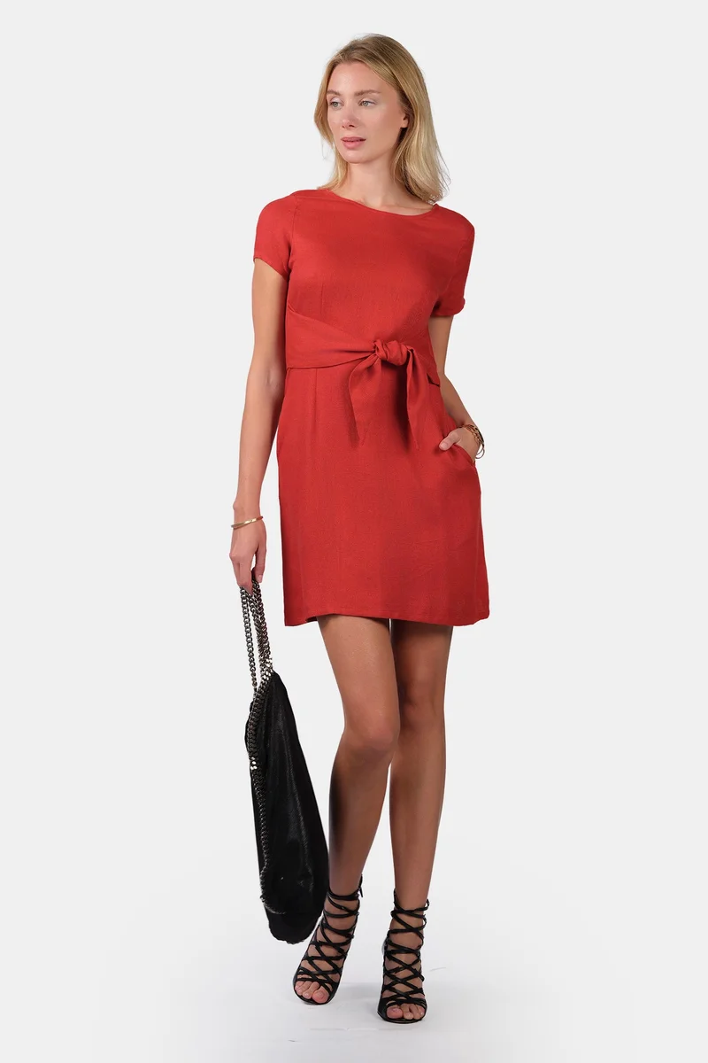 فيرجيو Solid Linen Mini Shift Dress With Front Tie-Up for Women