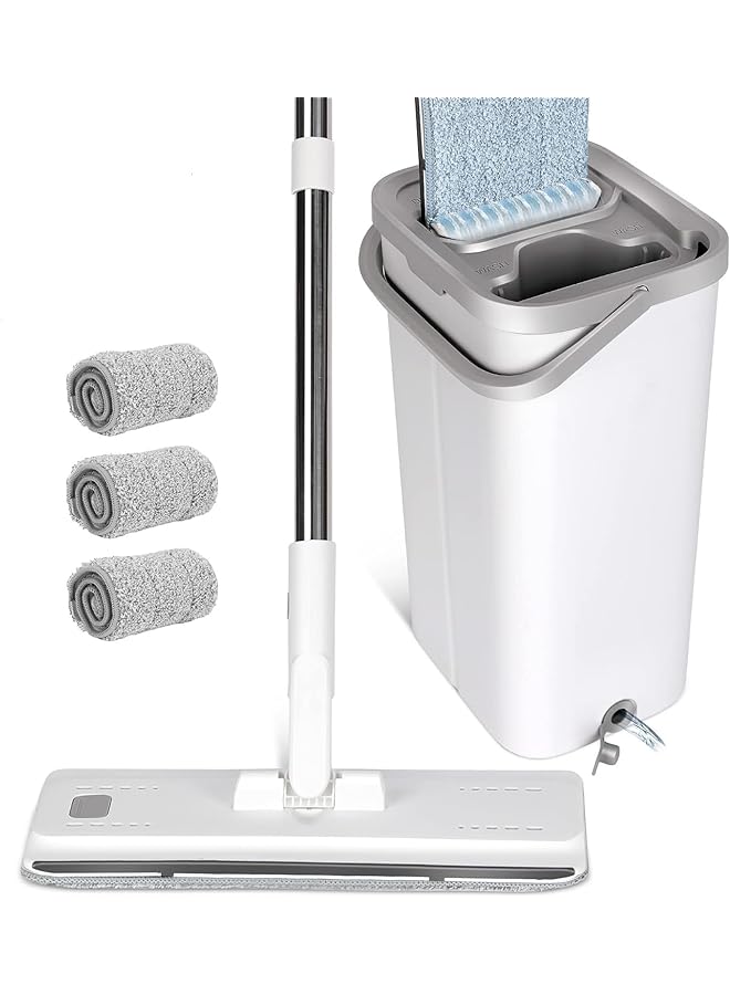 PROMASS Mop and Bucket with Wringer Set, Hands Free Flat Mop Bucket, Mops For Floor Cleaning, 3 Washable & Reusable Microfiber Pads Home Floor Cleaning System for All Floor Types and Windows - Image 1
