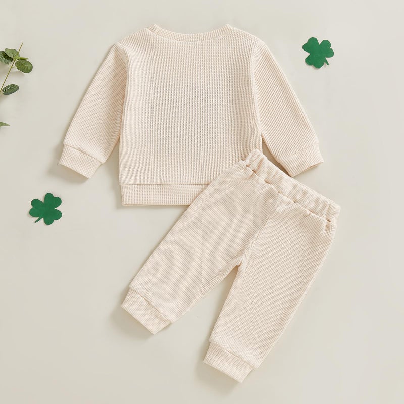 Lesimsam Toddler Baby Boy St Patricks Day Outfit Letter Embroidery Long Sleeve Waffle Knit Sweatshirt and Pants Set (A-Apricot, 6-12 Months) - Image 3