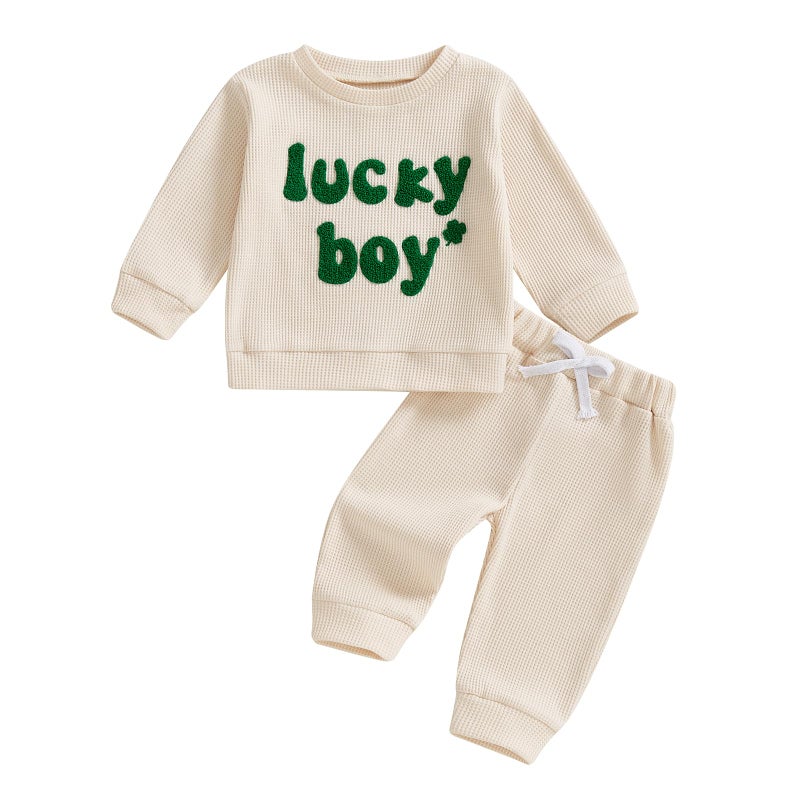 Lesimsam Toddler Baby Boy St Patricks Day Outfit Letter Embroidery Long Sleeve Waffle Knit Sweatshirt and Pants Set (A-Apricot, 6-12 Months) - Image 1