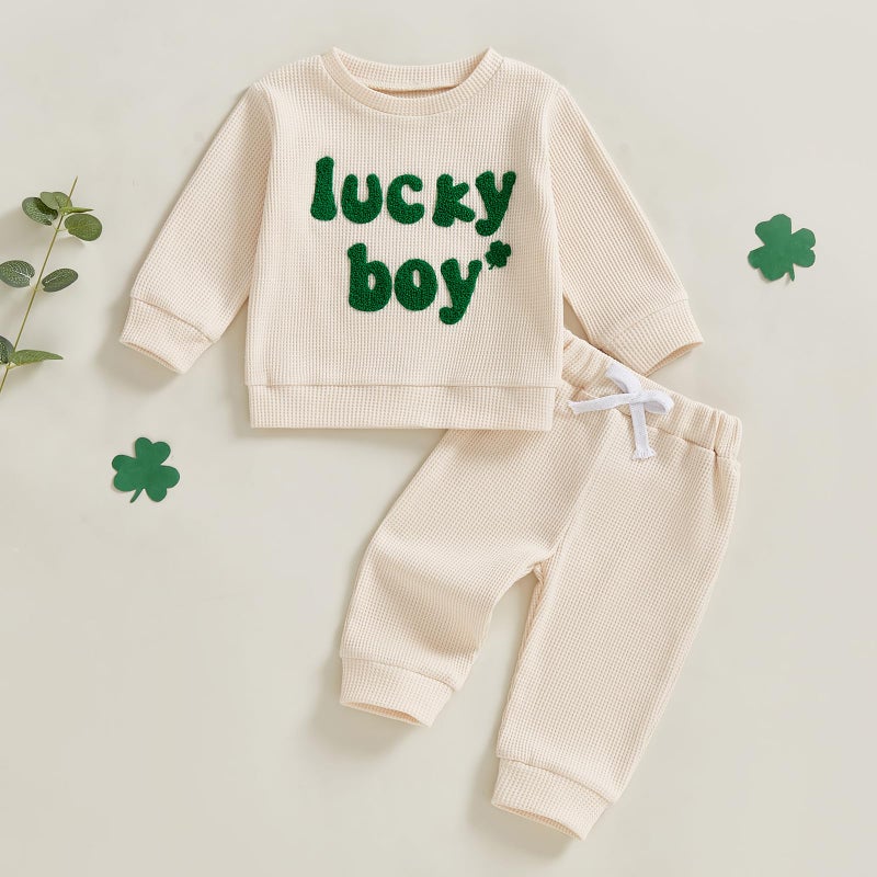 Lesimsam Toddler Baby Boy St Patricks Day Outfit Letter Embroidery Long Sleeve Waffle Knit Sweatshirt and Pants Set (A-Apricot, 6-12 Months) - Image 2