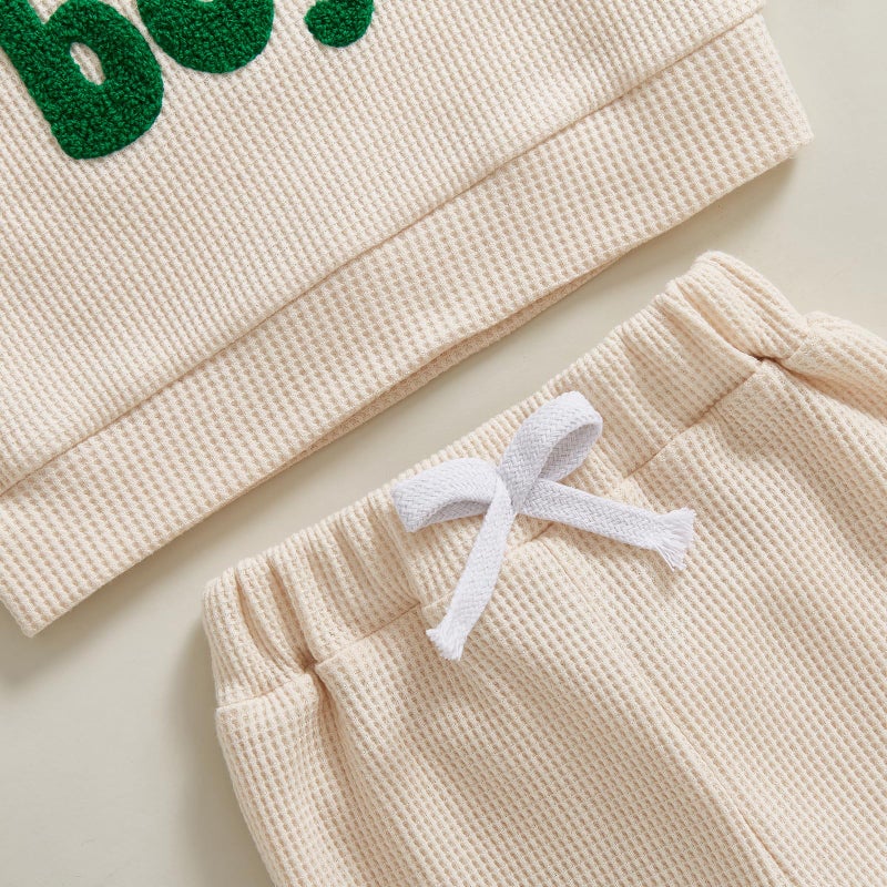 Lesimsam Toddler Baby Boy St Patricks Day Outfit Letter Embroidery Long Sleeve Waffle Knit Sweatshirt and Pants Set (A-Apricot, 6-12 Months) - Image 5