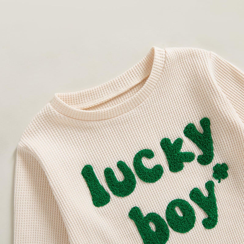 Lesimsam Toddler Baby Boy St Patricks Day Outfit Letter Embroidery Long Sleeve Waffle Knit Sweatshirt and Pants Set (A-Apricot, 6-12 Months) - Image 4