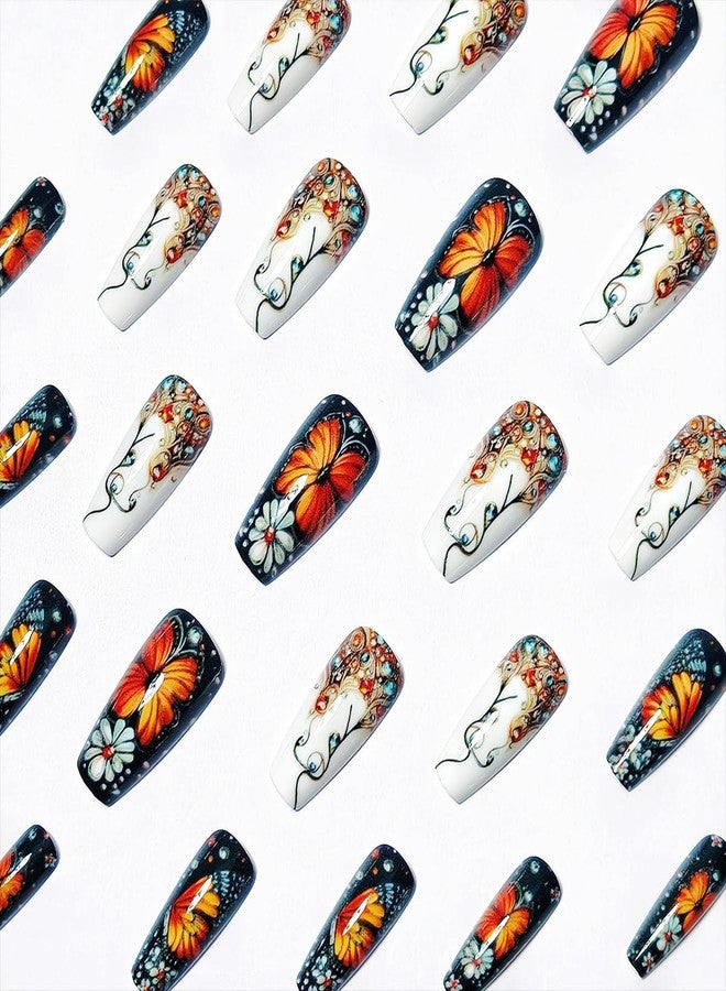 HJKDSFD Colorful Gradient Press on Nails Butterfly Fake Nails Medium Long Coffin Acrylic Stick on Nail Cute False Nails Reusable Full Cover for Women Girls 24PCS - Image 2