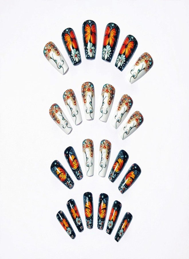 HJKDSFD Colorful Gradient Press on Nails Butterfly Fake Nails Medium Long Coffin Acrylic Stick on Nail Cute False Nails Reusable Full Cover for Women Girls 24PCS - Image 3