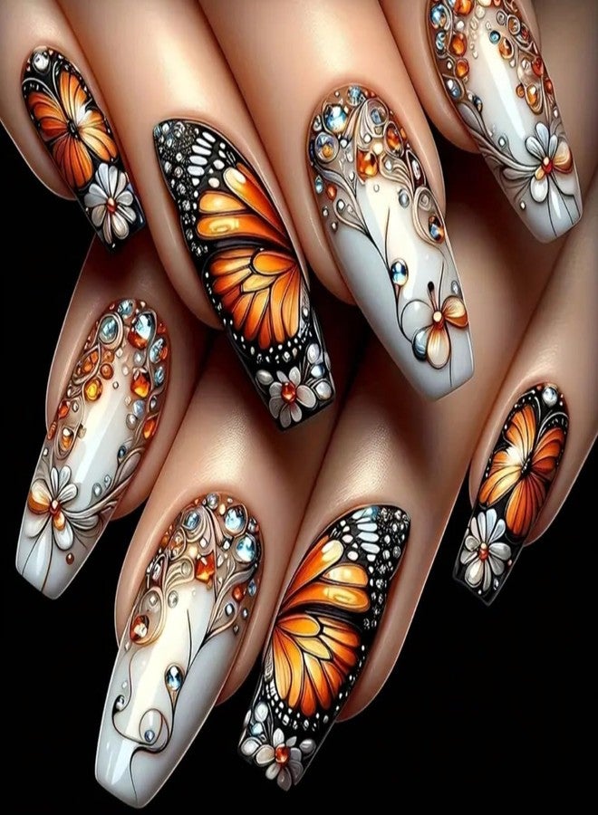 HJKDSFD Colorful Gradient Press on Nails Butterfly Fake Nails Medium Long Coffin Acrylic Stick on Nail Cute False Nails Reusable Full Cover for Women Girls 24PCS - Image 1