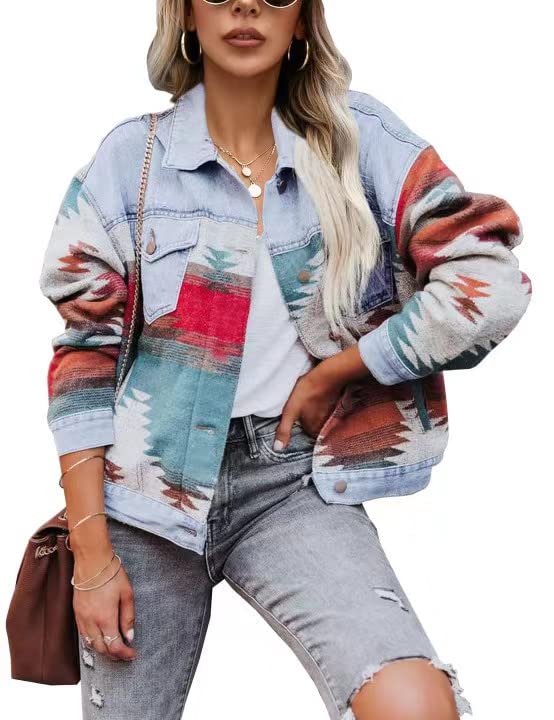 Lumister Aztec Denim Jacket Distressed Lapel Long Sleeve Vintage Button Down Jean Jacket Shacket(0007-LightBlue-XL) - Image 1
