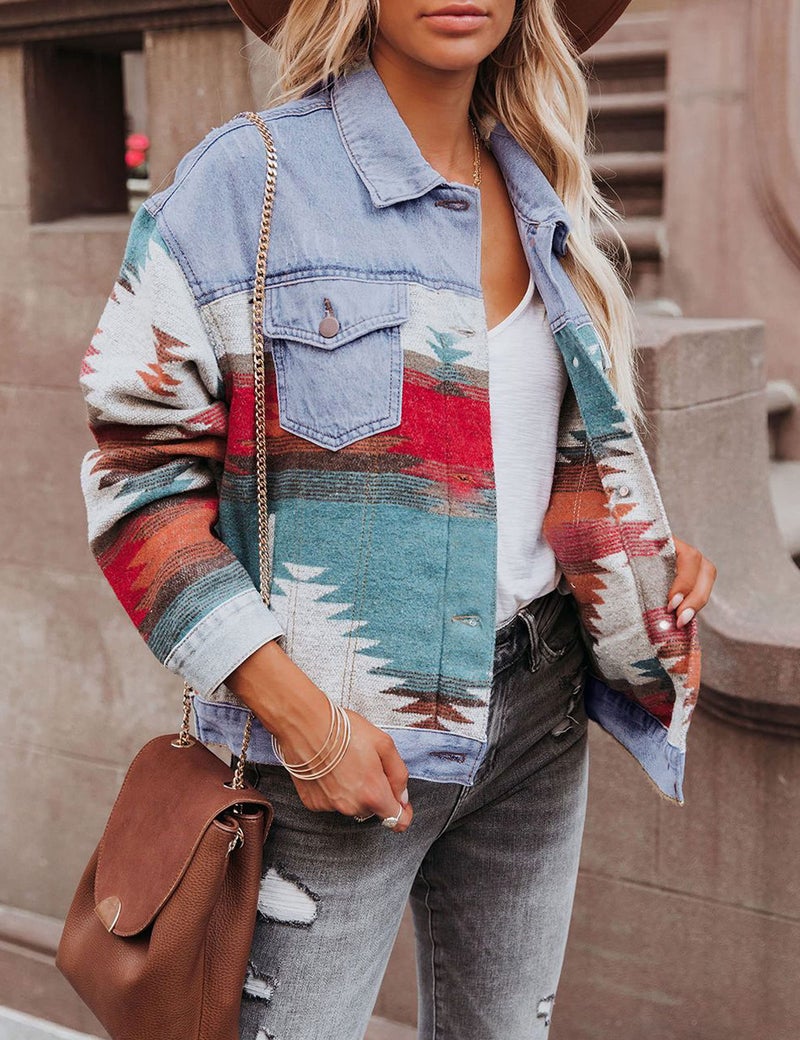 Lumister Aztec Denim Jacket Distressed Lapel Long Sleeve Vintage Button Down Jean Jacket Shacket(0007-LightBlue-XL) - Image 2