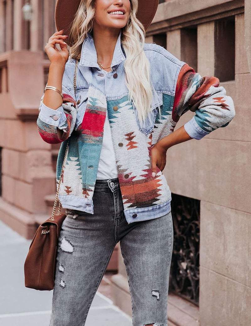 Lumister Aztec Denim Jacket Distressed Lapel Long Sleeve Vintage Button Down Jean Jacket Shacket(0007-LightBlue-XL) - Image 3
