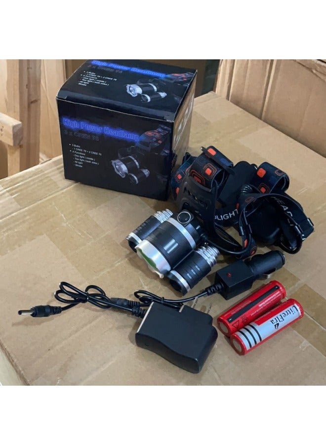 Loquat Outdoor Lighting 3-head LED Headlamp Charging Super Bright Head-mounted Headlamp Rechargeable High-power Long Shot Super Long-Color:Headlight + Battery + Charger + Car Charger - Image 5