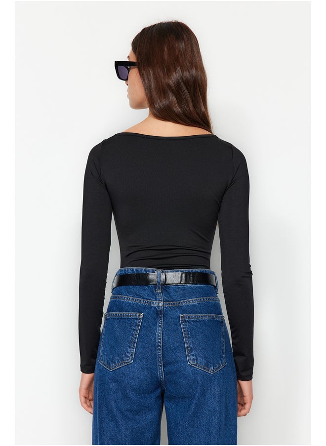 trendyol - Black Rose Applique Detailed Carmen Collar With Snap Snaps at Bottom Knitted Body TWOAW24BD00061 - Image 1
