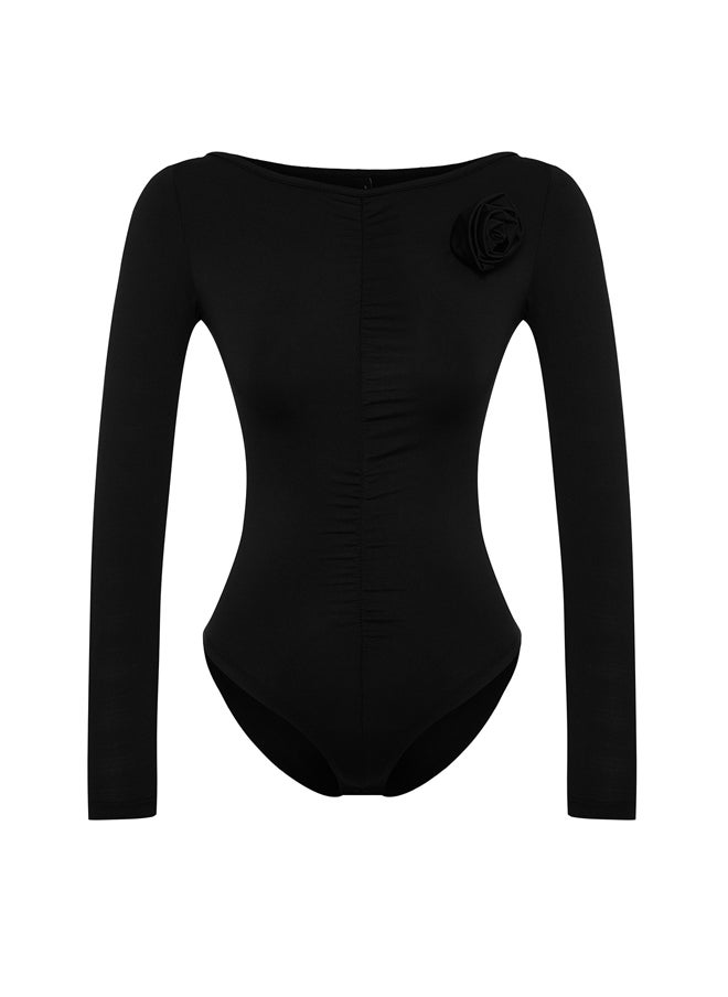 trendyol - Black Rose Applique Detailed Carmen Collar With Snap Snaps at Bottom Knitted Body TWOAW24BD00061 - Image 1
