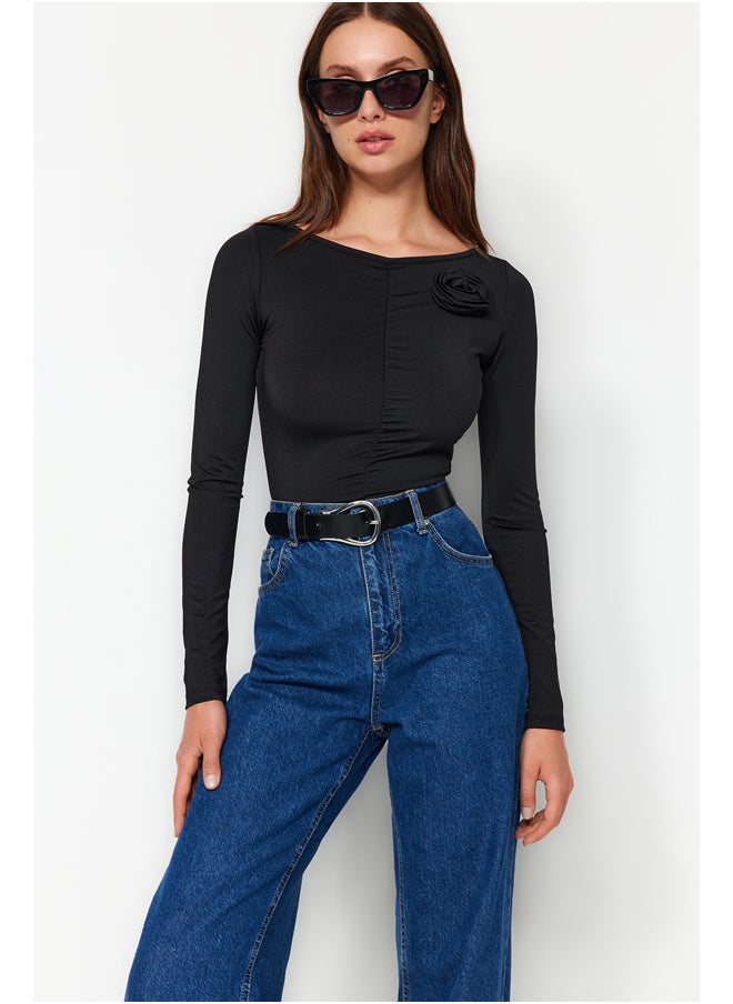 trendyol - Black Rose Applique Detailed Carmen Collar With Snap Snaps at Bottom Knitted Body TWOAW24BD00061 - Image 1
