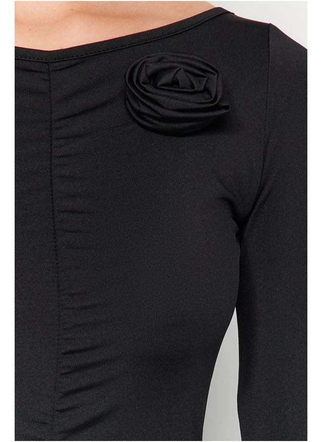 trendyol - Black Rose Applique Detailed Carmen Collar With Snap Snaps at Bottom Knitted Body TWOAW24BD00061 - Image 1
