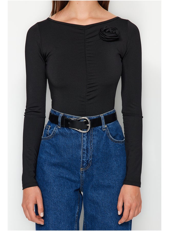 trendyol - Black Rose Applique Detailed Carmen Collar With Snap Snaps at Bottom Knitted Body TWOAW24BD00061 - Image 1