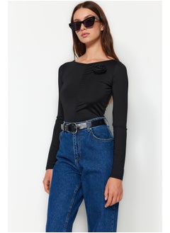 Black Rose Applique Detailed Carmen Collar With Snap Snaps at Bottom Knitted Body TWOAW24BD00061