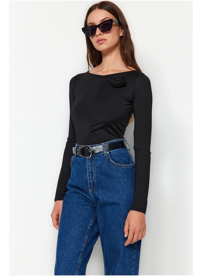 trendyol - Black Rose Applique Detailed Carmen Collar With Snap Snaps at Bottom Knitted Body TWOAW24BD00061 - Image 1