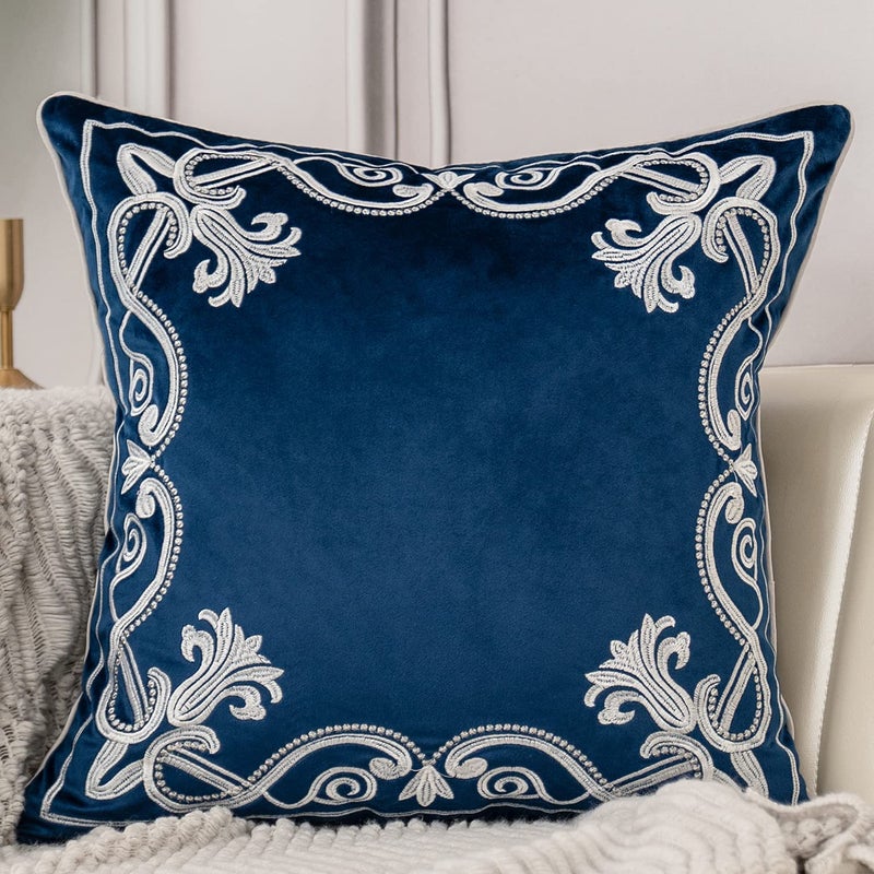 Aeckself European Floral Pillow Cover 18x18 Inch Luxury Velvet Embroidered Decorative Throw Pillow Cover for Couch Bedroom Living Room Navy Blue and White
