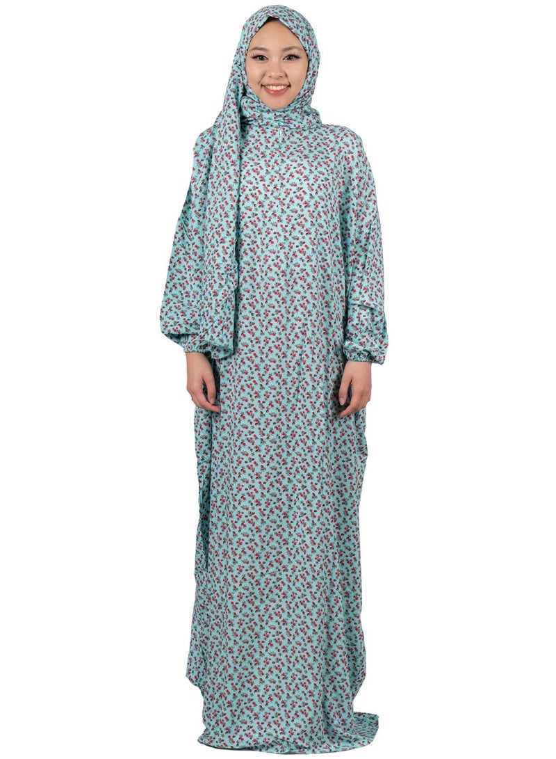 أبشر فستان صلاة بطبعة زهور، طول كامل مع شال، جلابية إسلامية من قطعة واحدة بأكمام طويلة، مقاس واحد
