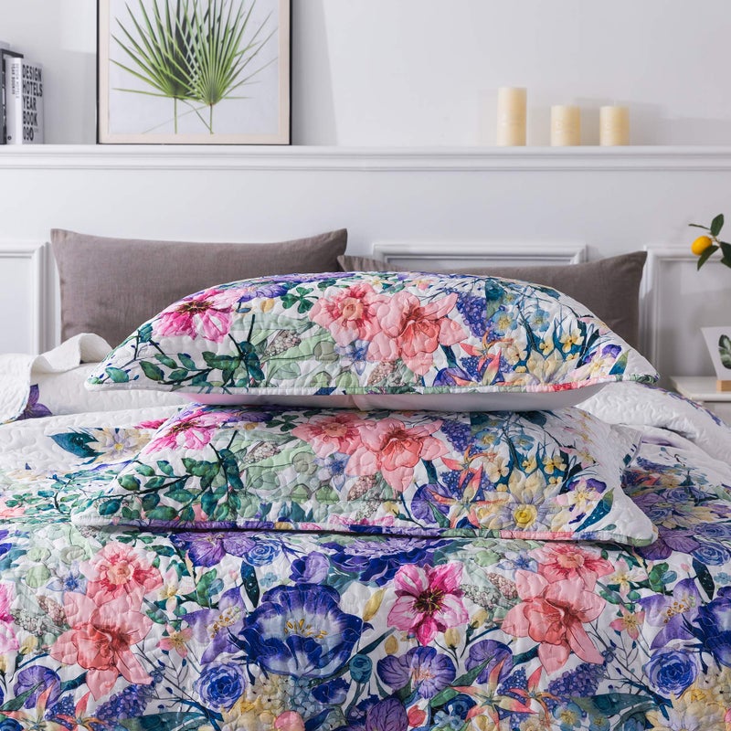 Travan Queen Quilt Set 3-Piece Bedspread Quilted Oversized Lightweight Microfiber Coverlet Set with Shams Violet Purple Floral Pattern Quilted Bedding Set for All Season, Queen - Image 5