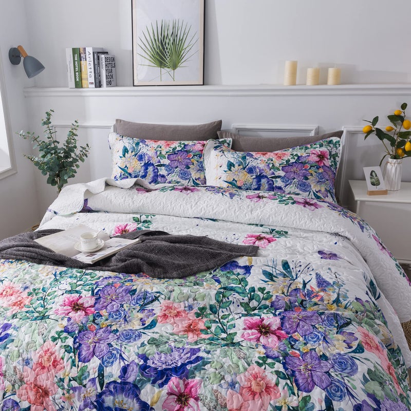 Travan Queen Quilt Set 3-Piece Bedspread Quilted Oversized Lightweight Microfiber Coverlet Set with Shams Violet Purple Floral Pattern Quilted Bedding Set for All Season, Queen - Image 3